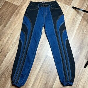 Swank A Posh - Shook Up Patchwork Denim Joggers - Black/Blue M